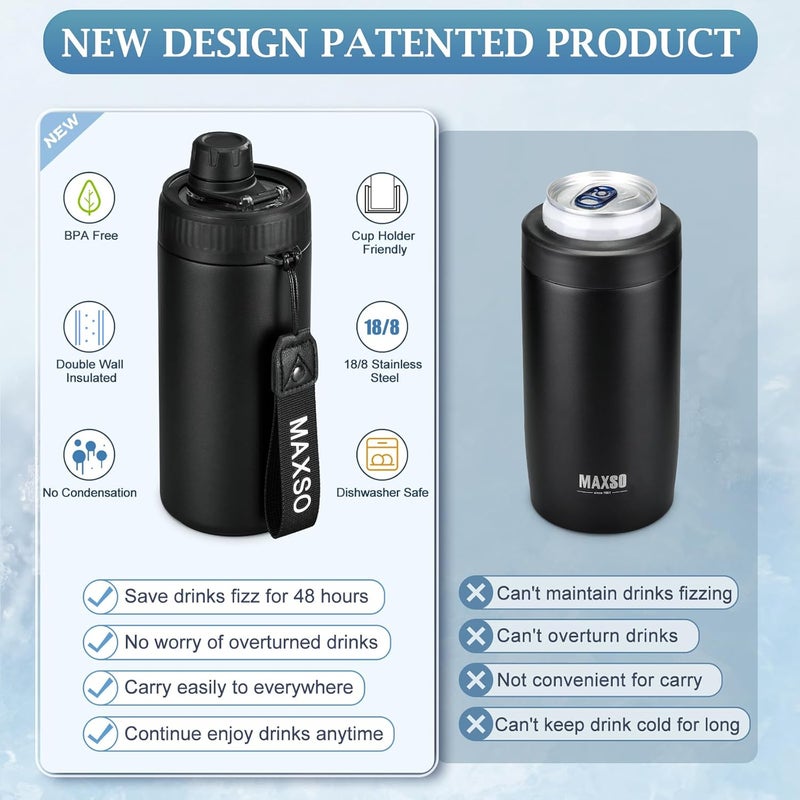 Max&So Sealed Can Cooler Fizz Lid Can Cover for 12 oz Regular, Slim Skinny Cans & As Thermal Bottle, 4-in-1 Insulated Vacuum Stainless Steel Carbonated Cold Drink Holder - Black - Image 3